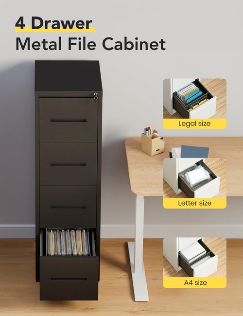 BUPPLEE 4 Drawer File Cabinet with Lock, Anti-Tip Metal Tall Filing Cabinet with Deep File Drawer,Vertical Modern White for Home Office,Steel Storage Cabinet Fit Letter/Legal/A4 Size Files