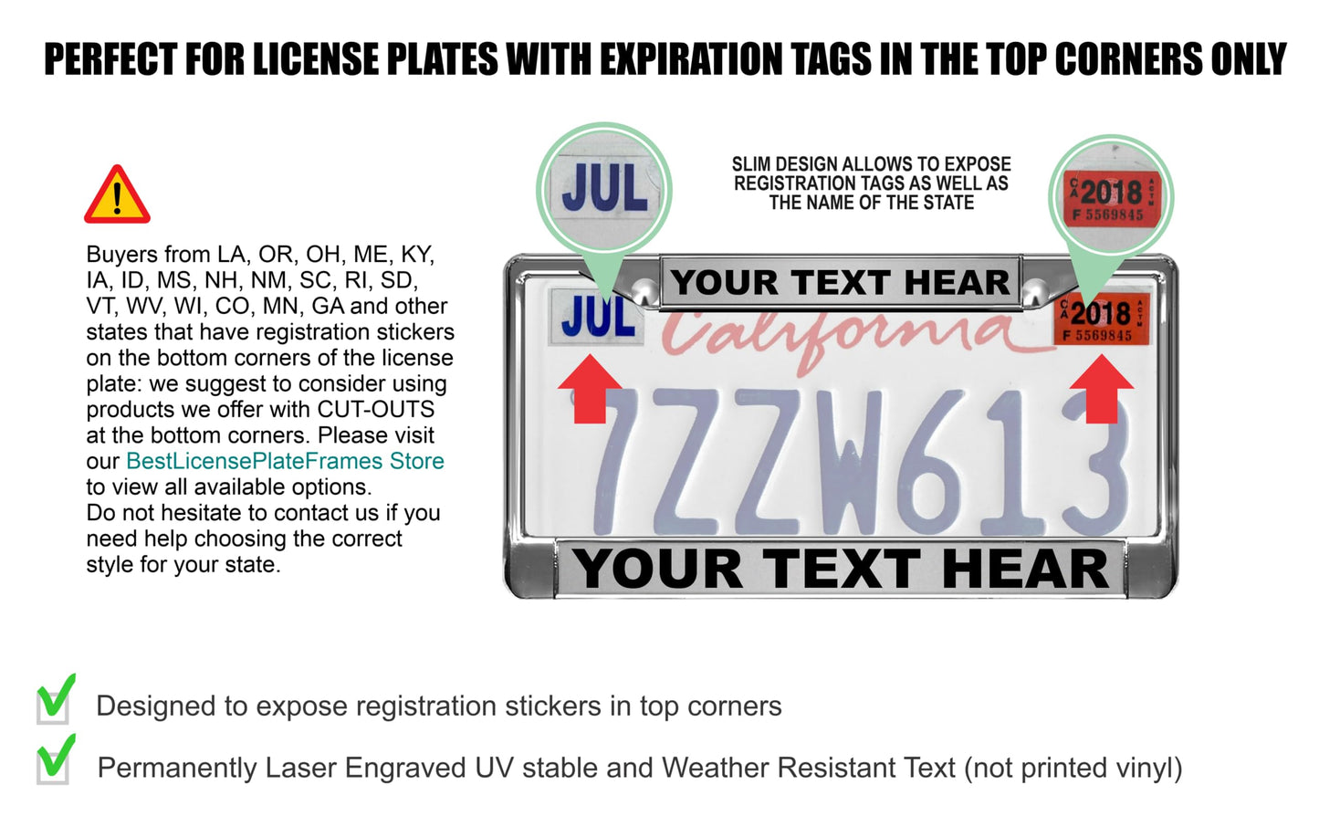 Custom Personalized Black Powder-Coated Metal Laser Engraved Standard Size - Car/Automobile License Plate Frame with Free caps - Steel/Black Text (Qty: 1 Frame)