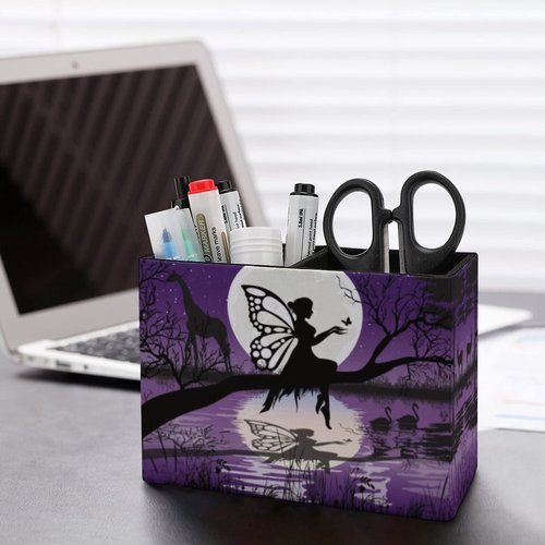 Niapessel Pencil Holder for Desk, Cute Fairy And Moon Pen Holder Storage Desktop Pen Organizer Desk Pencil Organizer Makeup Brush Holder for Office School College Leather