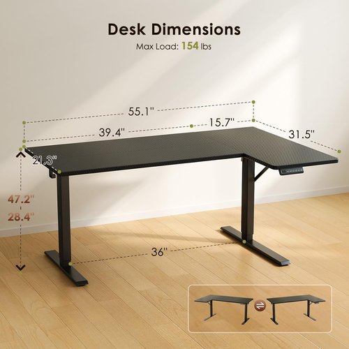 OffiGo Electric L-Shaped Standing Desk - 55-Inch Height Adjustable Corner Workstation | Carbon Fiber Black