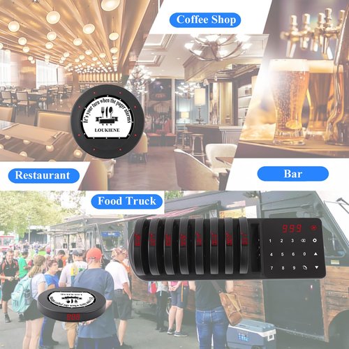 LOUKIENE Restaurant Pager System, 10 Pagers, Wireless Coaster Beepers Guest Customer Queue Pagers for Food Truck Church Nursery Clinic Coffee Shop Restaurants Bar with Vibration Flash Buzzer