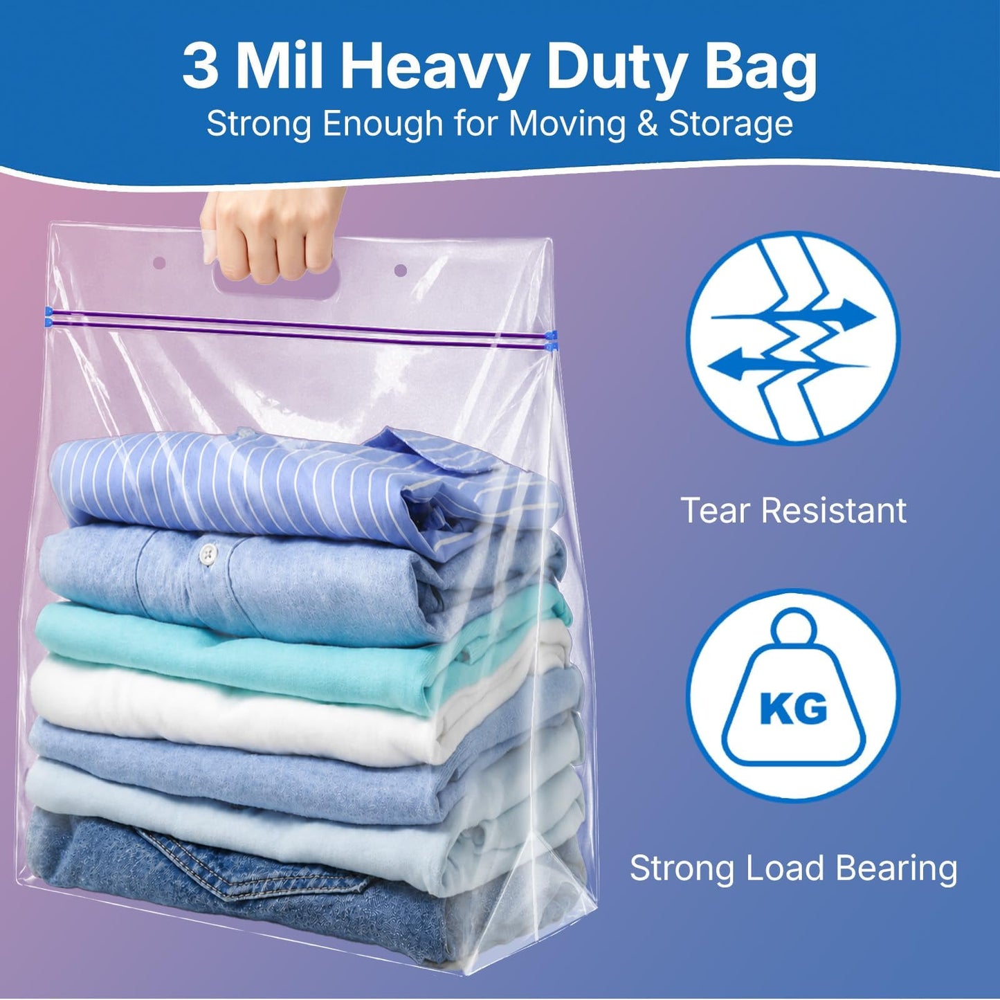 Xsourcer 5 Gallon 3 Mil Zipper Lock Plastic Bags with Handle and Expandable Bottom, 18"x24"x5.5" 6 Pack Heavy Duty Reusable Large Clear Zip Bags for Clothes, Sports, Travel, Moving