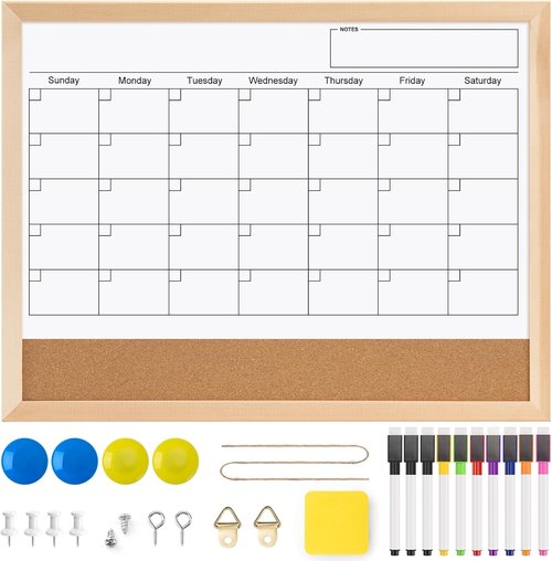 OWLKELA Magnetic Dry Erase Calendar & Cork Board - 17 x 13 Wall Organizer for Home, Office, School