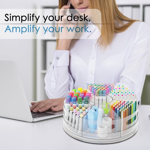 CraftGenes Pen Organizer for Desk - Acrylic Pen Holder with Hand Grips, 360° Extra Large Rotating Desk Organizer with 7 Removable Compartments for Office, Home, and Makeup Storage, Marker Organizer