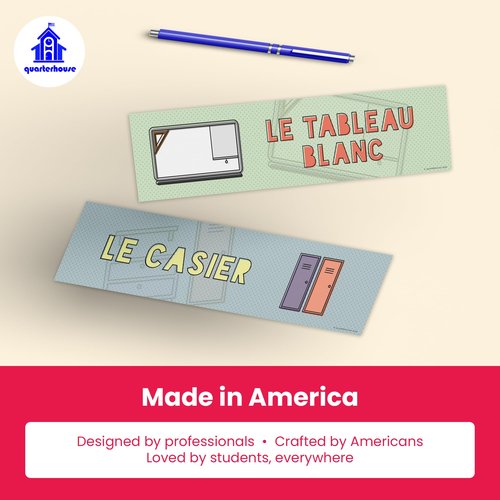 Quarterhouse 18 French Common Classroom Items Placard Label Set, French Classroom Learning Materials for Pre-K and K-12 Students and Teachers, 12 x 3 Inches, Made in USA
