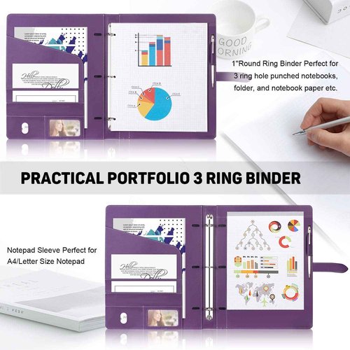 Toplive Padfolio 3 Ring Binder Organizer Business Portfolio Folder for Women, A4/ Letter Size PU Leather Portfolio Padfolio for Interview Conference Presentation, Purple