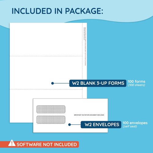 Blue Summit Blank W2 3 Up Tax Forms 2025, W2 Perforated Paper 100 Employee Sets, Ideal for E-Filing, Compatible with Quickbooks and Laser or Inkjet Printers, 100 Sheets and Self Seal Envelopes