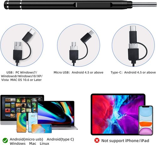Jiusion 3.9mm Ultra-Thin USB Digital Otoscope Camera - HD 720P Visual Ear Scope with Accessories