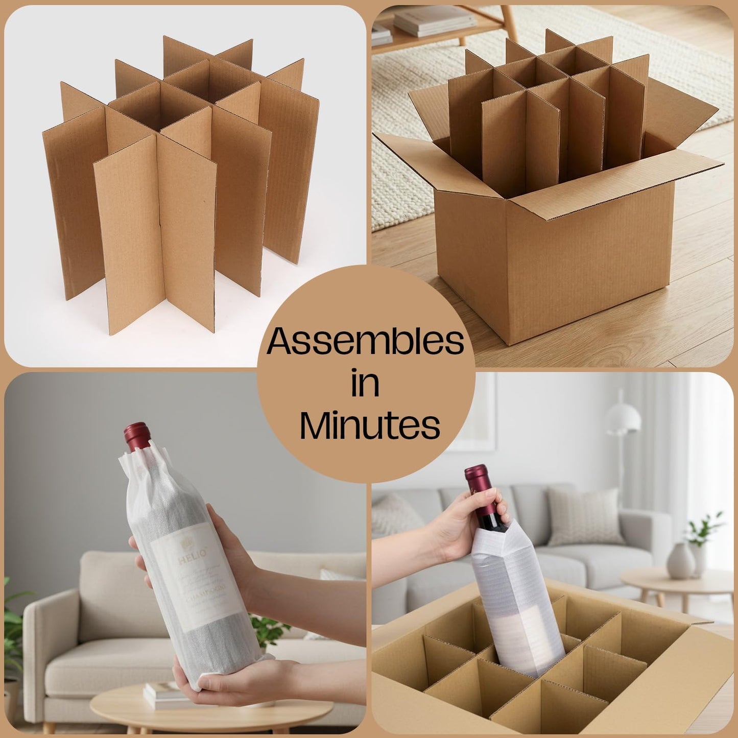 CRUGLA 16x12x12 Wine Bottle Divider Insert Kit Set of 4, 12-Cell Cardboard Grid with Foam Sleeves, Glass Packing Kit for Moving, Storage or Shipping (Outer Box Not Included)