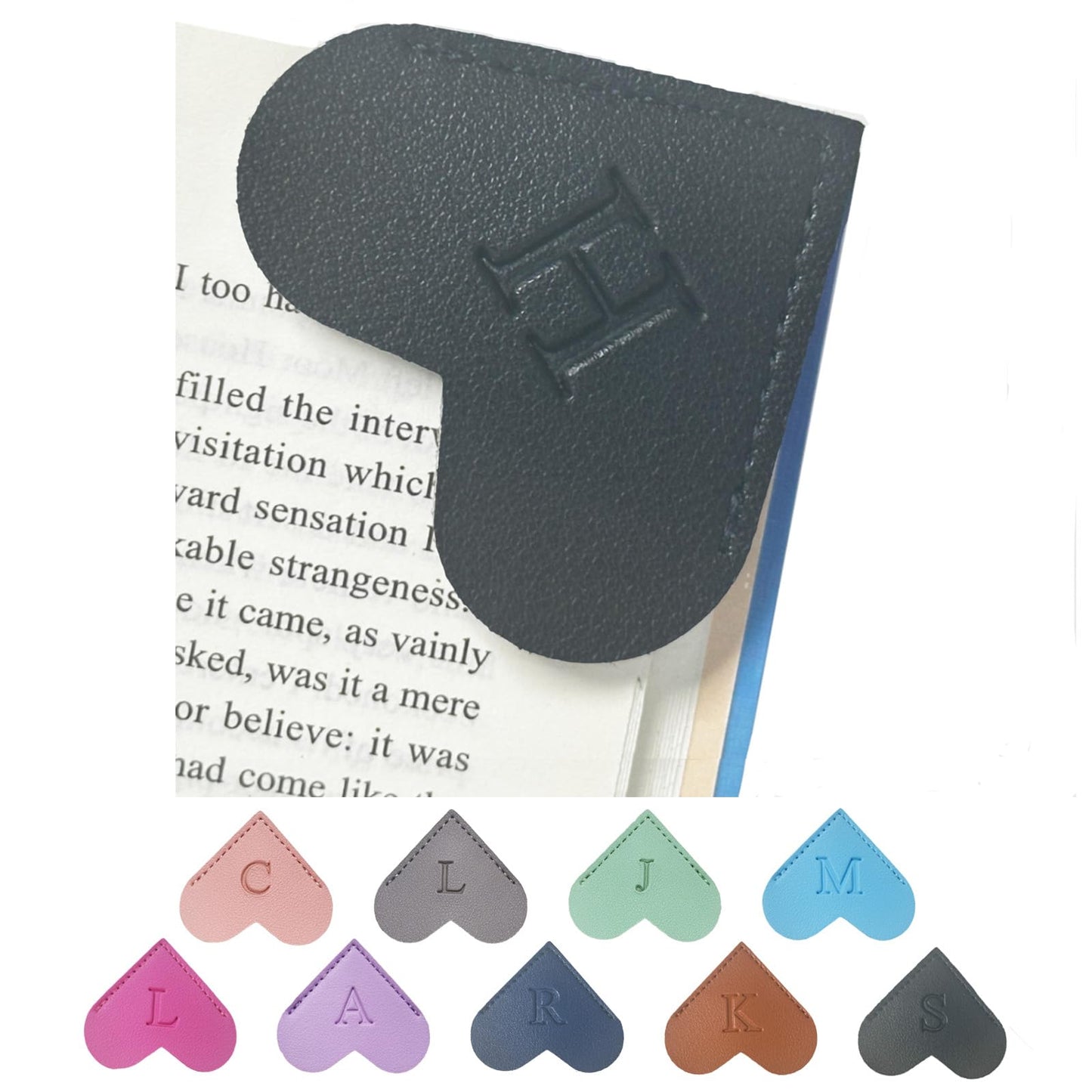 MOTEERLLU Personalized Leather Heart Bookmark with Initials, Handmade, Cute Custom Corner Book Marks for Reading Women, Teachers, Students, Book Lovers Gifts, Book Accessories (Black H)