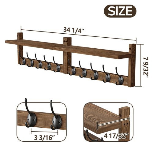 AMBIRD 34.2 inch Wooden Extra-Long Wall Hook Rack with Shelf - Versatile and Decorative Wall-Mounted Storage - 10 Hooks for Hanging Coats, Hats, Scarves - Ideal for Entryways, Bedrooms, Closets
