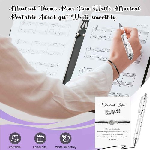EYNDYN 48 Sets Music Gift for Women Men Black Music Bracelet Musical Note Ballpoint Pens with Organza Bags Card Music Themed Gifts Bulk for Music Lovers Band Choir Teacher Grad Music Party Favor