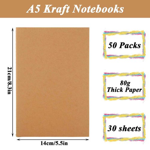 MIVIDE 50 Pack A5 Kraft Notebooks Bulk, 8.3” x 5.5” Lined Paper Journal Notebooks, 30 Sheets 60 Pages, Lined Travel Notebooks for Writing, Making Plans, School Office Supplies