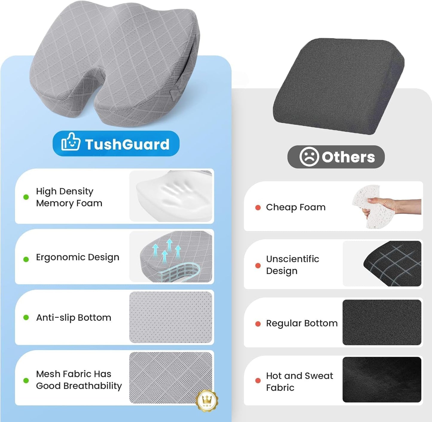 TushGuard Memory Foam Seat Cushion - Non-Slip Tailbone Pain Relief Pad for Office & Car | Light Grey, XX-Large