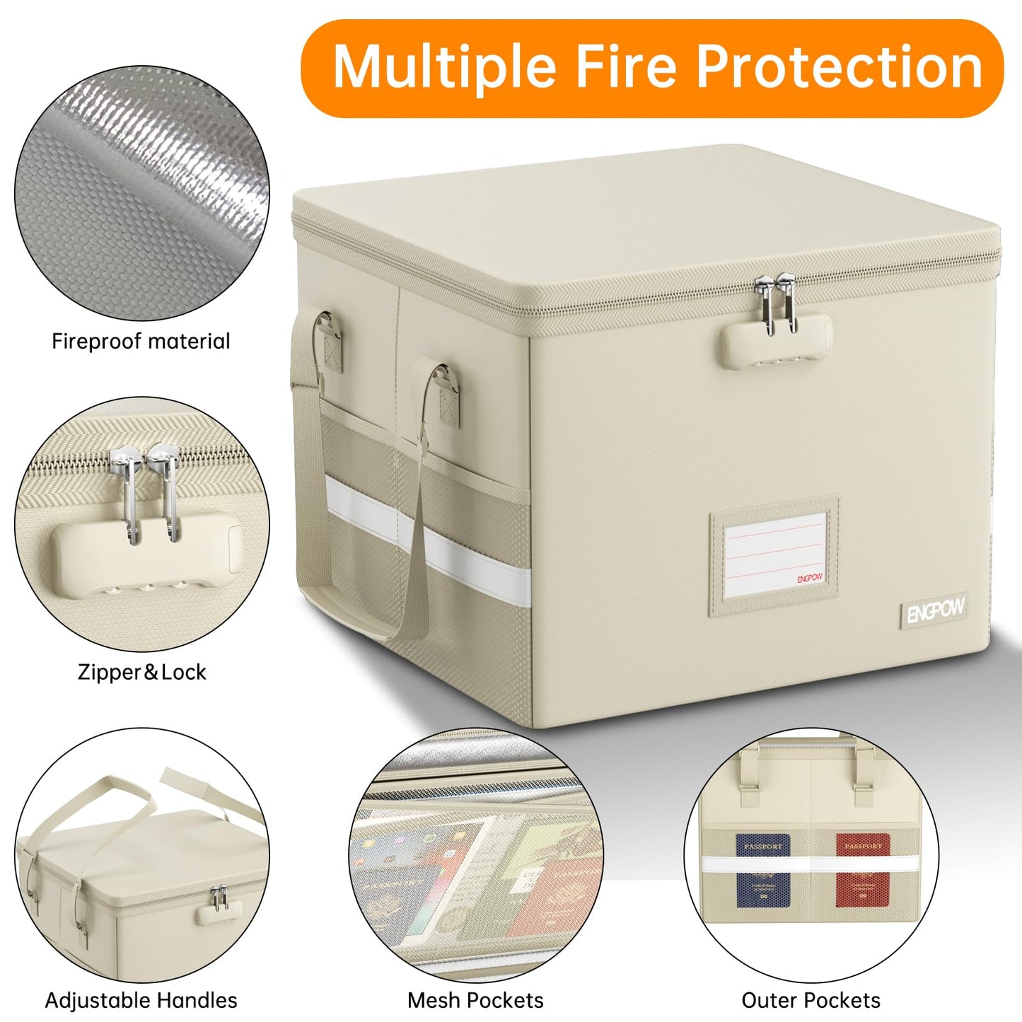 ENGPOW 5200°F File Box Fireproof Document Box with Lock,Heat Insulated Collapsible File Storage Organizer Box with Handle,Portable Home Office File Cabinet for Hanging Letter/Legal Size Folder, Beige
