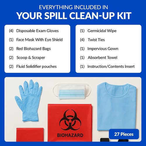 School Health 27-Piece Bodily Fluid Spill Clean-Up Kit | OSHA Compliant Bloodborne Pathogen Protection with PPE & Biohazard Bags