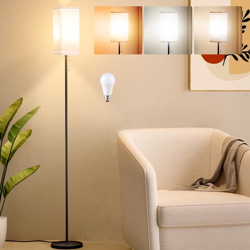 Ziisee Floor Lamps for Living Room, Modern Standing Lamp with Pull Chain Switch, 3 Color Temperature Black Pole Lamp with Lampshade, 9W LED Bulb Tall Lamps for Bedroom Office Kid Room
