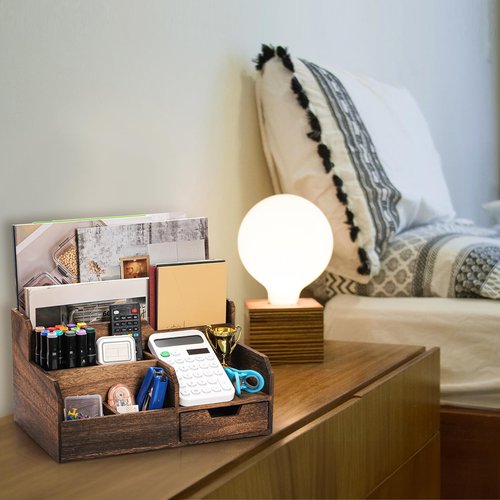 Pumtus Brown Wooden Mail Organizer, Desk Organizer with 7 Compartments and Drawer, Rustic Mail Sorter with Pen Holder, Tabletop Mail Basket, Office Accessories Holder for Pen File Letter Document