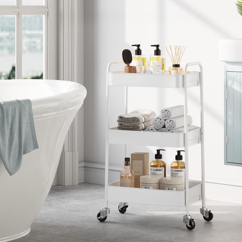 TOOLF 3-Tier Metal Rolling Cart with Wheels, Storage Utility Organizer Cart for Kitchen, Bathroom, Office, Baby Essentials & Makeup - Lockable Casters, Easy Assembly, Large Capacity, White