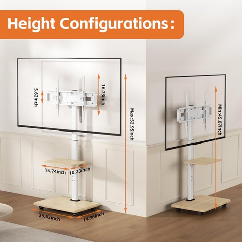 Rolling TV Stand with Wheels, Mobile TV Cart for 32-75 Inch Flat Screen TVs, Floor TV Stand with Swivel and Height Adjustment, Portable AV Cart with Wood Shelf for Bedroom,Home Office