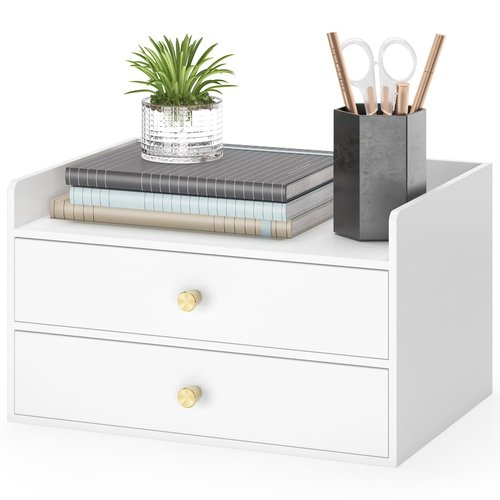 Xadgve Bamboo Desk Organizer - Stackable, No Assembly Required, Ideal for Office/Home Use - Perfect for Toiletries, Stationery, Accessories. (White, Two level drawer box with sides)