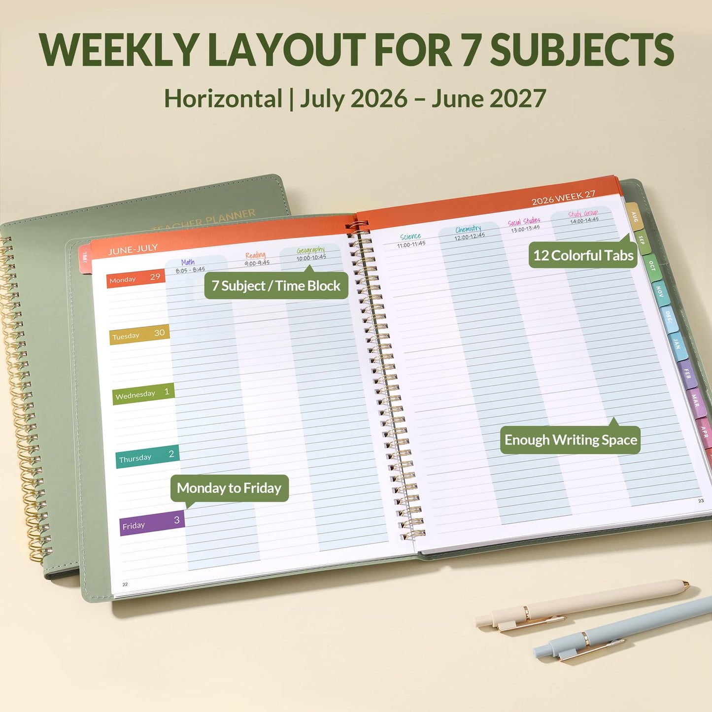 SUNEE Teacher Planner 2026-2027 Academic Year with 7 Periods, Jul 2026 - Jun 2027 Lesson Planner Book 8.5"x11" School Agenda with Subjects, Teacher Calendar with Vegan Leather Cover, Color Tabs, Green