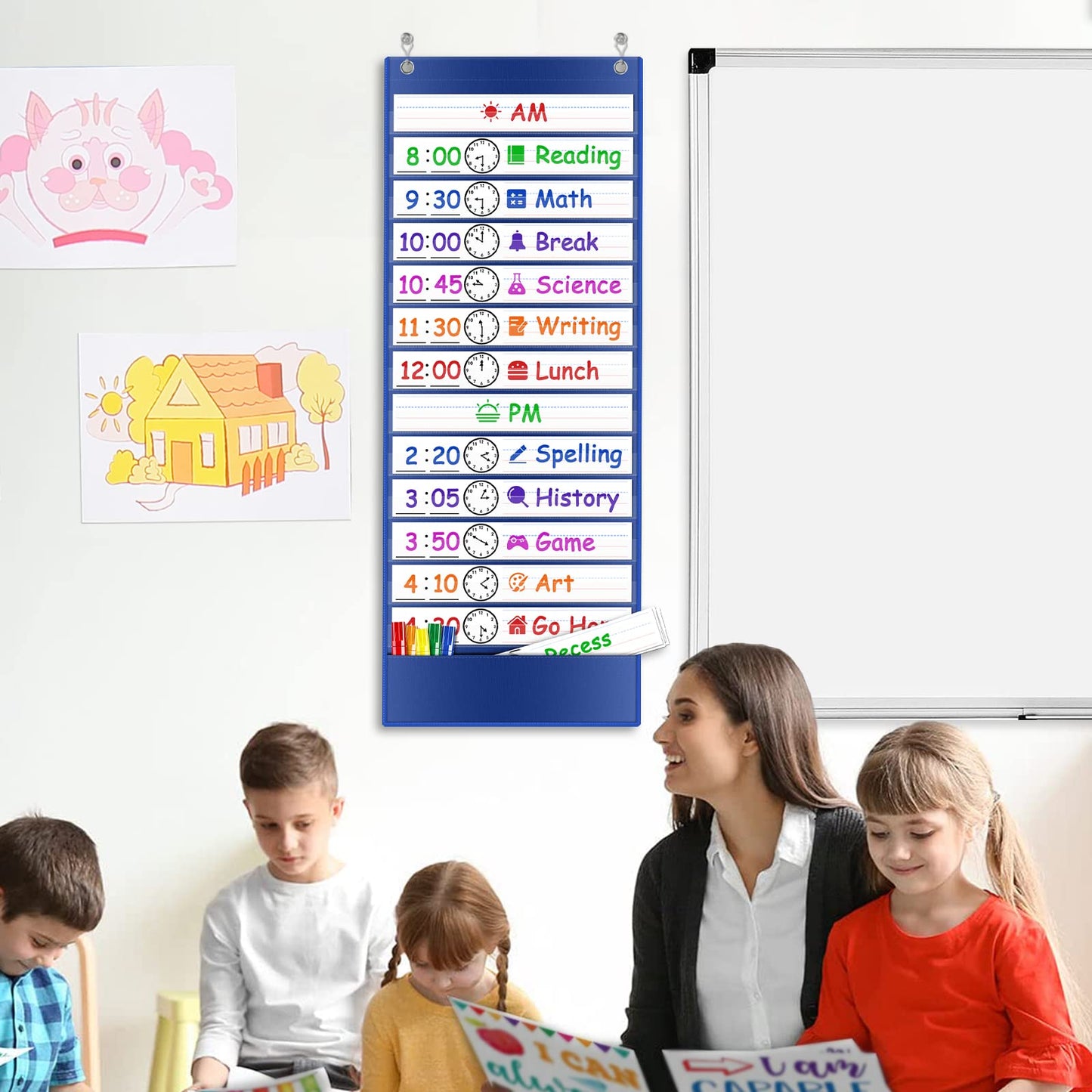 AUVCAS Daily Schedule Pocket Chart – 13+1 Pockets Visual Schedule for Kids with 18 Reusable Dry-Erase Cards & 2 Over-the-Door Hooks for Classroom, School, Home (Blue)