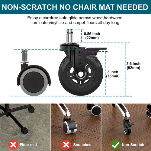 TICONN Office Chair Caster Wheels Set of 5(with Brake)+ 2" Dual Wheels Set of 5