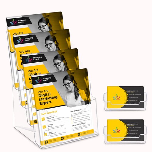 SafeWayss Acrylic Brochure Holder 8.5 x11”, 4 Tier Clear Literature Magazine Stand with Removable Divider for 4 x 9 Pamphlet Display Brochure with Business Card Holders- Wall Mount & Countertop