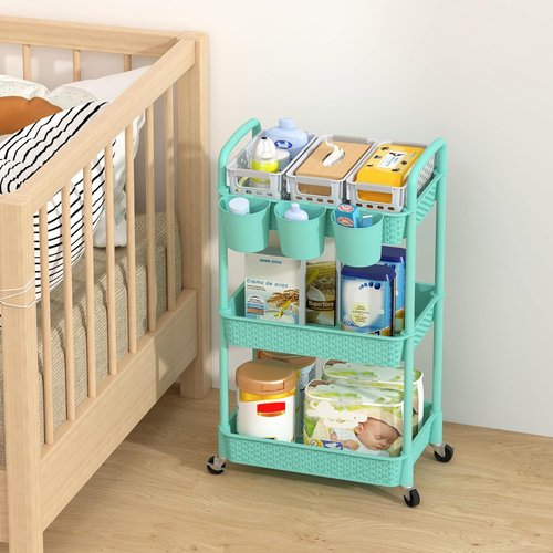 MOYIPIN 3-Tier Rolling Utility Cart - Versatile Storage Organizer for Office, Kitchen & Living Room - Turquoise with 3 Hanging Cups