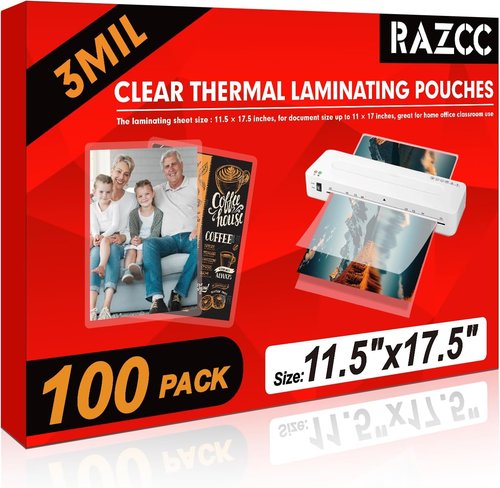 RAZCC Laminating Sheets - 100 Pack Clear Thermal Plastic Paper | 11 x 17 Inch, 3 Mil Thickness