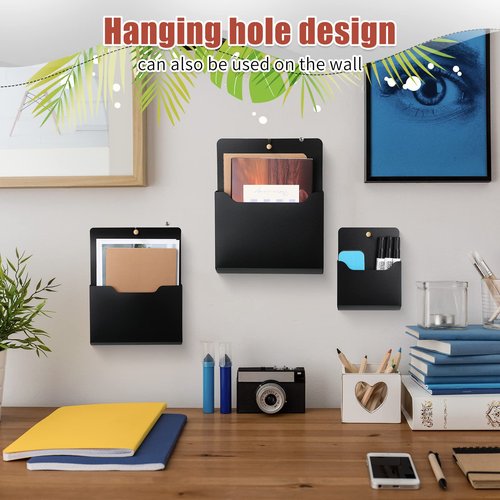 Patelai 3 Pcs Magnetic File Holder, Pocket Vertical Magnetic Paper Holder Pen Holders for Fridge Classroom Whiteboard Office File Cabinets Mail Letter Magazine Notebooks Documents(Multi Size,Black)
