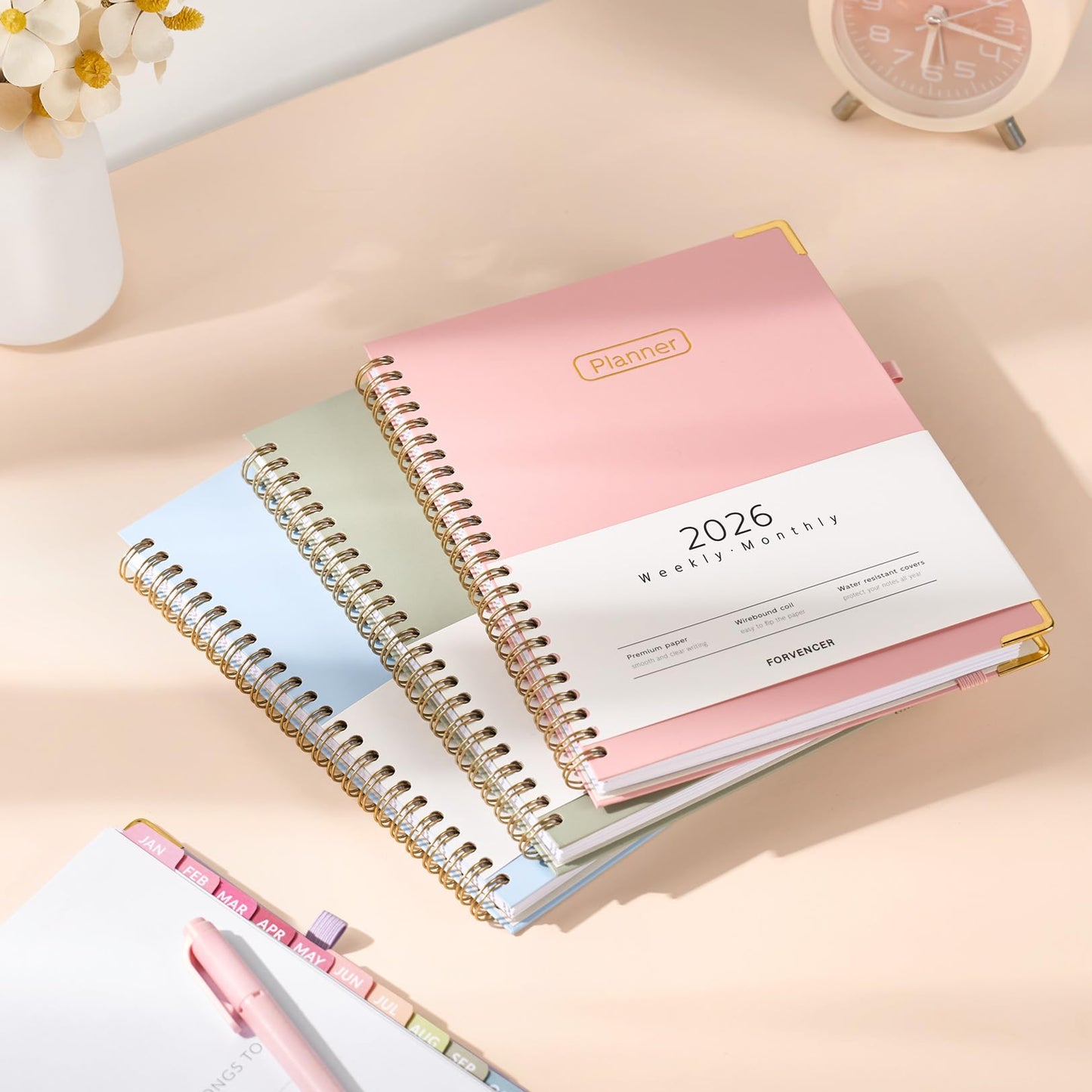 Forvencer 2026 Planner, Hardcover Calendar Planner Weekly and Monthly, Jan 2026 - Dec 2026, 8.5" x 11", Spiral Daily Organizer for Home School, Pink