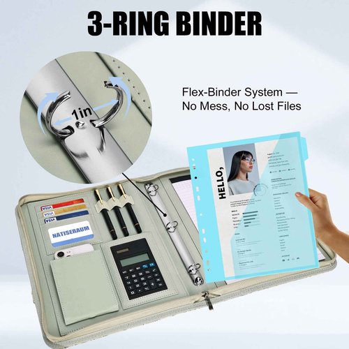 NATISERAUM Portfolio Organizer - 3 Ring Binder with Handle, Vegan Leather Business Padfolio Folder with Notepad, Includes 5 Dividers with 10 Pockets for Documents Files