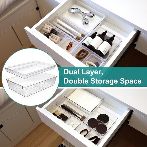 Flybok 28 Pcs Drawer Organizer for Makeup/Office Supplies/Vanity/Desk Drawer Organizers, Acrylic Organizers, Shallow Drawer Organizers with Lid Design