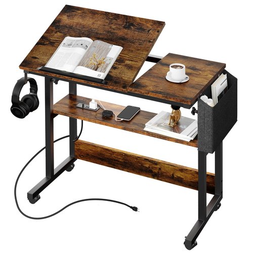 YITAHOME Height Adjustable Table with Charging Station, Portable Desk with Wheels, Small Standing Rolling Computer Desk with Tiltable Tabletop and Storage Bag, Brown