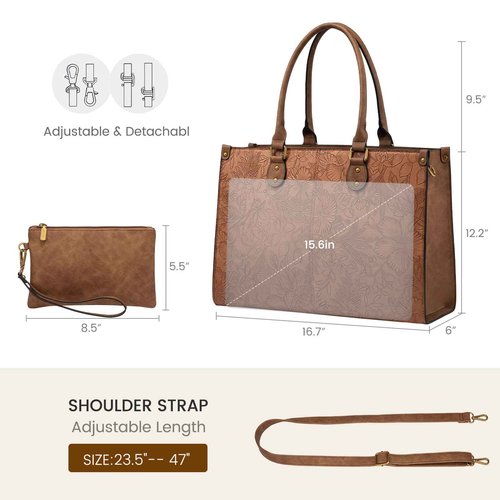 LOVEVOOK Laptop Tote Bag for Women, 15.6 Inch Large Capacity Vintage Leather Work Computer Bag, Business Casual Shoulder Handbag, Brown Embossed