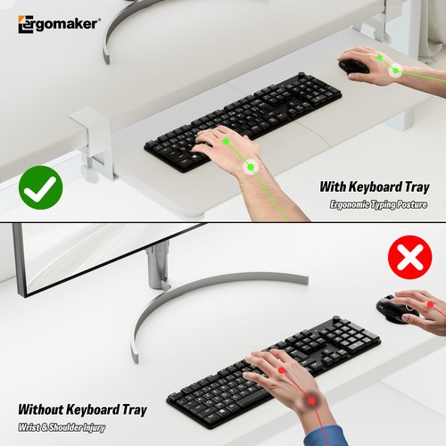 Keyboard Tray Under Desk, Pull Out Keyboard Tray with C Clamp Mount, 25.6" (29.7" Including Clamps) x 11.8" Slide-Out Platform Computer Drawer for Typing, Keyboard & Mouse Tray, White