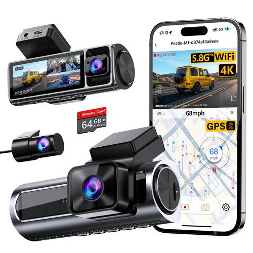 Nanoby 4K 3 Channel Dash Cam Front and Rear Inside, Built-in 5.8GHz WiFi GPS, 64GB Card Included, 4K+1080P+1080P Dash Camera for Cars, 3.18'' IPS Screen Dashcam with G-Sensor, 24H Parking Monitor