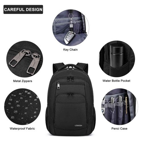 Liokesa Travel Laptop Backpack, 17.3 Inch Large Backpack for School, Business Laptop Backpack with USB Charging Port, Anti Theft Water Resistant College Computer Bag Daypack for Men Women, Black
