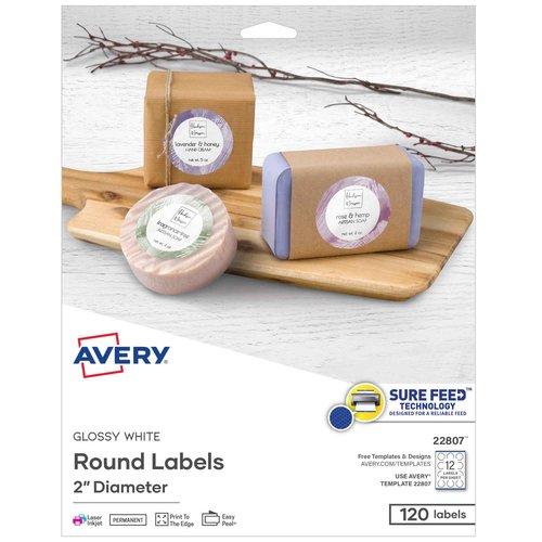 Avery Printable Round Labels with Sure Feed, 2" Diameter, Glossy White, 600 Customizable Labels (22807)