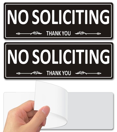 i-CowFun (2 Pack) Premium Metal Self-Adhesive No Soliciting Sign for Front Door, 7.5 x 2.5 Inches Aluminum No Solicitation Signs for House, Business, Home, Office, Window, No Fade, Rust Free