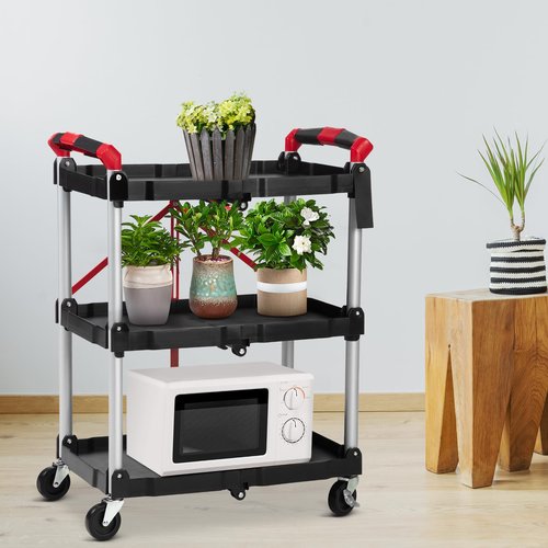 Foldable Utility Service Cart, 3 Shelf 168LBS Heavy Duty Plastic Rolling Cart with 360° Swivel Wheels (2 with Brakes), Ergonomic Handle, Portable Garage Tool Cart for Warehouse Office Home, Black