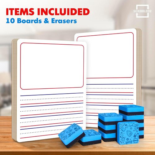 Scribbledo 10 Pack Double Sided Whiteboards 9”x12” Story Lined Dry Erase Boards for Kids Writing Board Practice Drawing Small White Board Teacher Elementary Kindergarten Preschool + Erasers