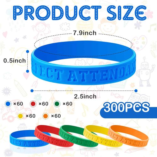 Sureio Perfect Attendance Silicone Bracelets Colored Rubber Bracelets Silicone Wristbands Bulk Rubber Wrist Bands for Student Employee Awards Teacher Kid Company School Classroom Office Gift (300)