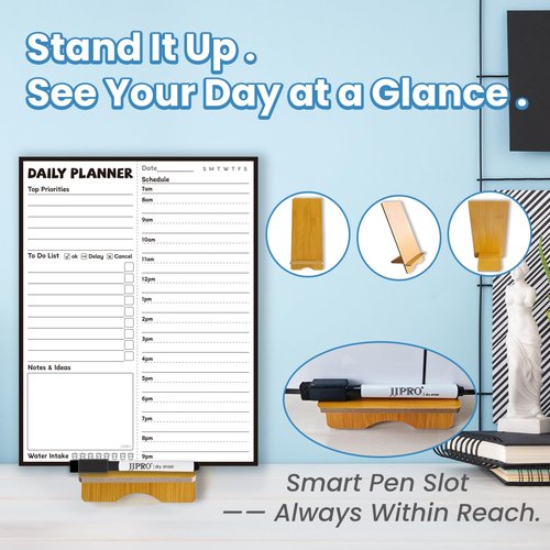 JJPRO Reusable Desktop Daily Hourly Planner with Stand,Reusable Desk Hourly Notepad,Hourly Dry Erase Board with Stand,11"x 8.5"Desk Hourly Planner with Detachable Engineered Wood Stand for Office, Home