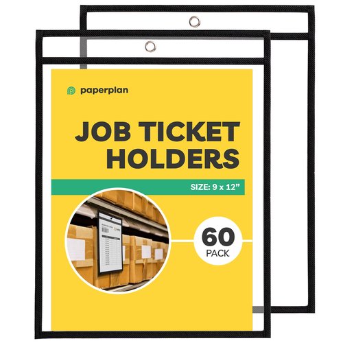 Job Ticket Holders 9x12 - (60 Pack), 8.5 x 11 Letter Size, Dry Erase Pockets, Clear & Black Plastic Sleeves - Durable, Reusable, and Practical for Work & Classroom Organization