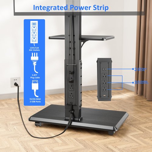 Afaloona Rolling TV Stand with Power Outlet, Mobile TV Cart for 32-75 Inch TVs up to 110 lbs, 18 Adjustable Heights, Max VESA 600x400mm, TV Floor Stand with Swivel Mount/Shelf/Wheels, Fits for Bedroom
