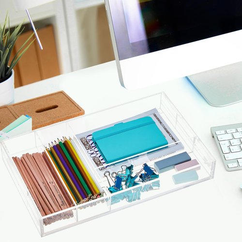 Briwooody Acrylic Drawer Organizer Maximum 15 x 18 x 2 Inch Expandable Drawer Organizer Pens Notebook Ruler Makeup Tray with 7 Adjustable Compartments for Desk Office Kitchen Bathroom(Clear)