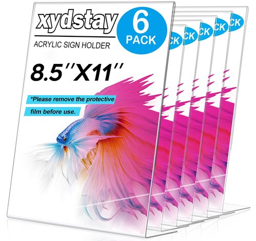 xydstay 6pack 8.5x11 Acrylic, L Shape Clear Plastic, Menu Holder, Unbreakable Table sign holder for Restaurant, Office, School, Store and Home Use